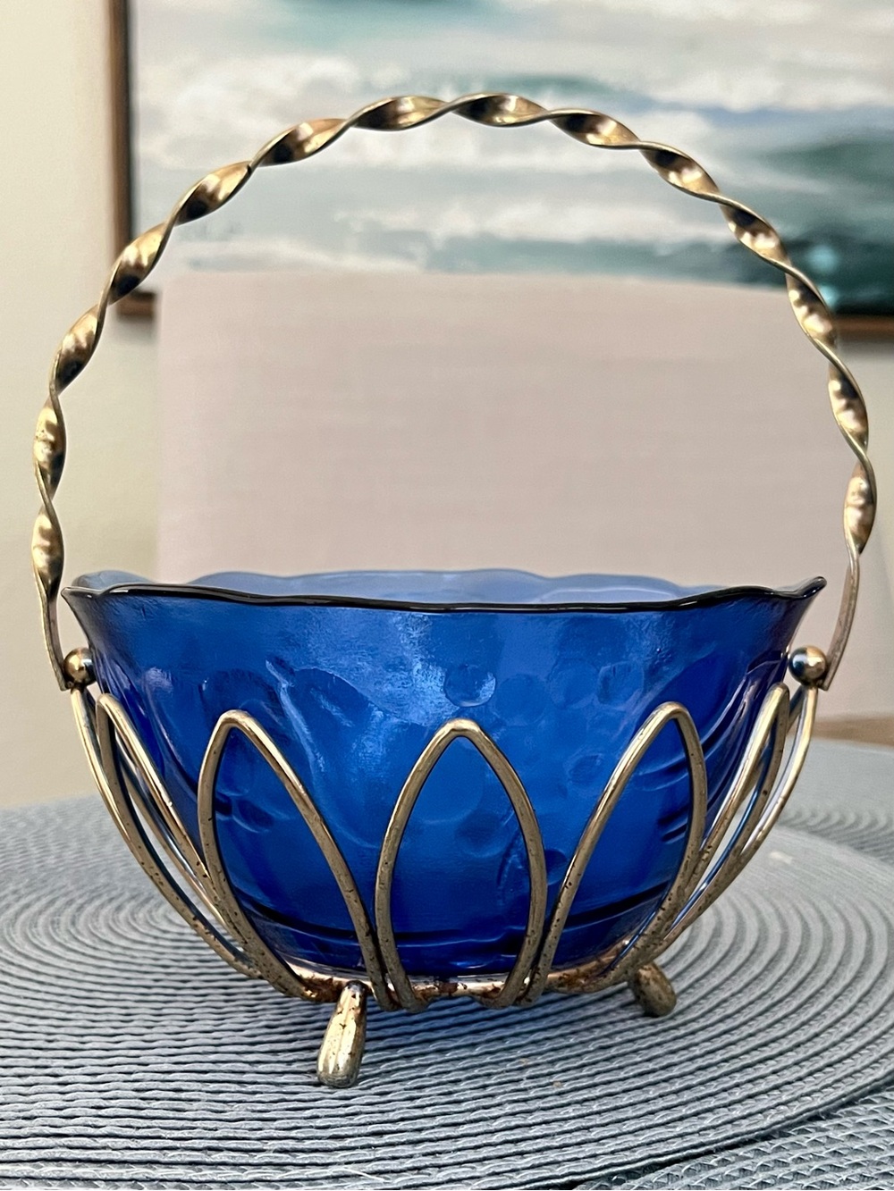 1950’s Bride basket bonbon candy dish cobalt blue glass brass tone metal basket